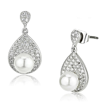 3W384 - Rhodium Brass Earrings with Synthetic Pearl in White-0
