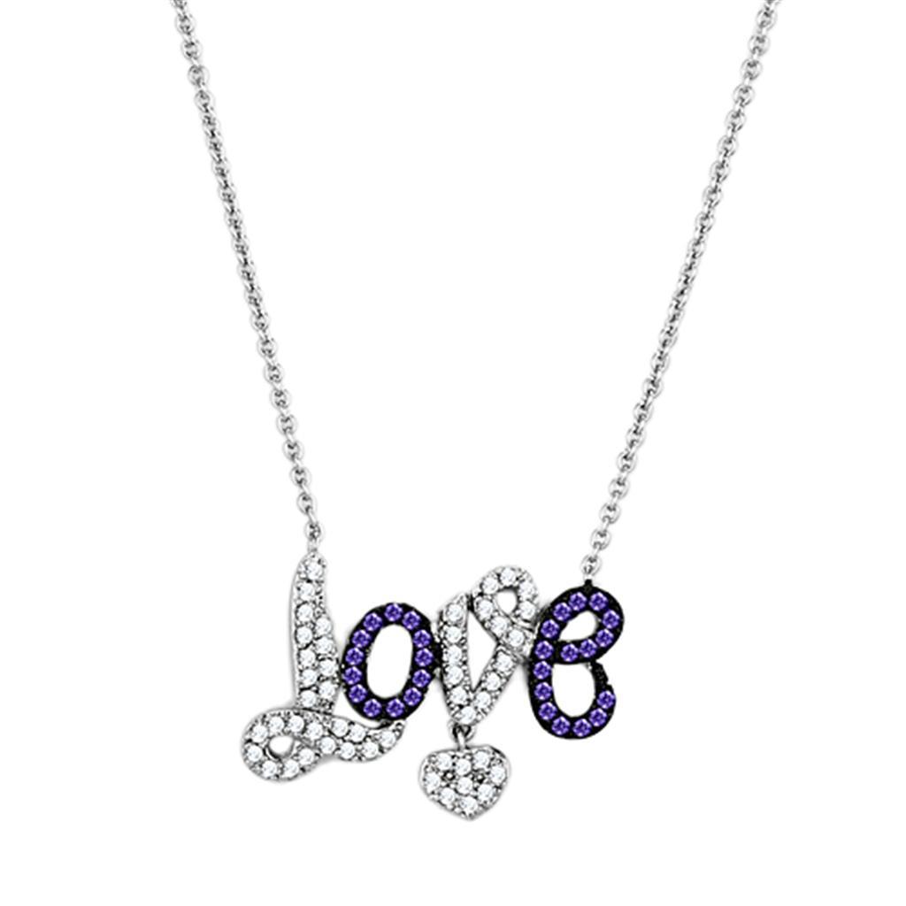 3W414 - Rhodium + Ruthenium Brass Necklace with AAA Grade CZ  in Amethyst-0