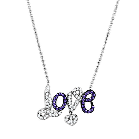 3W414 - Rhodium + Ruthenium Brass Necklace with AAA Grade CZ  in Amethyst-0