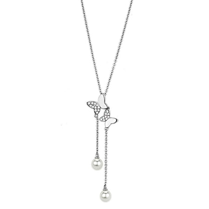 3W442 - Rhodium Brass Necklace with Synthetic Pearl in White-0