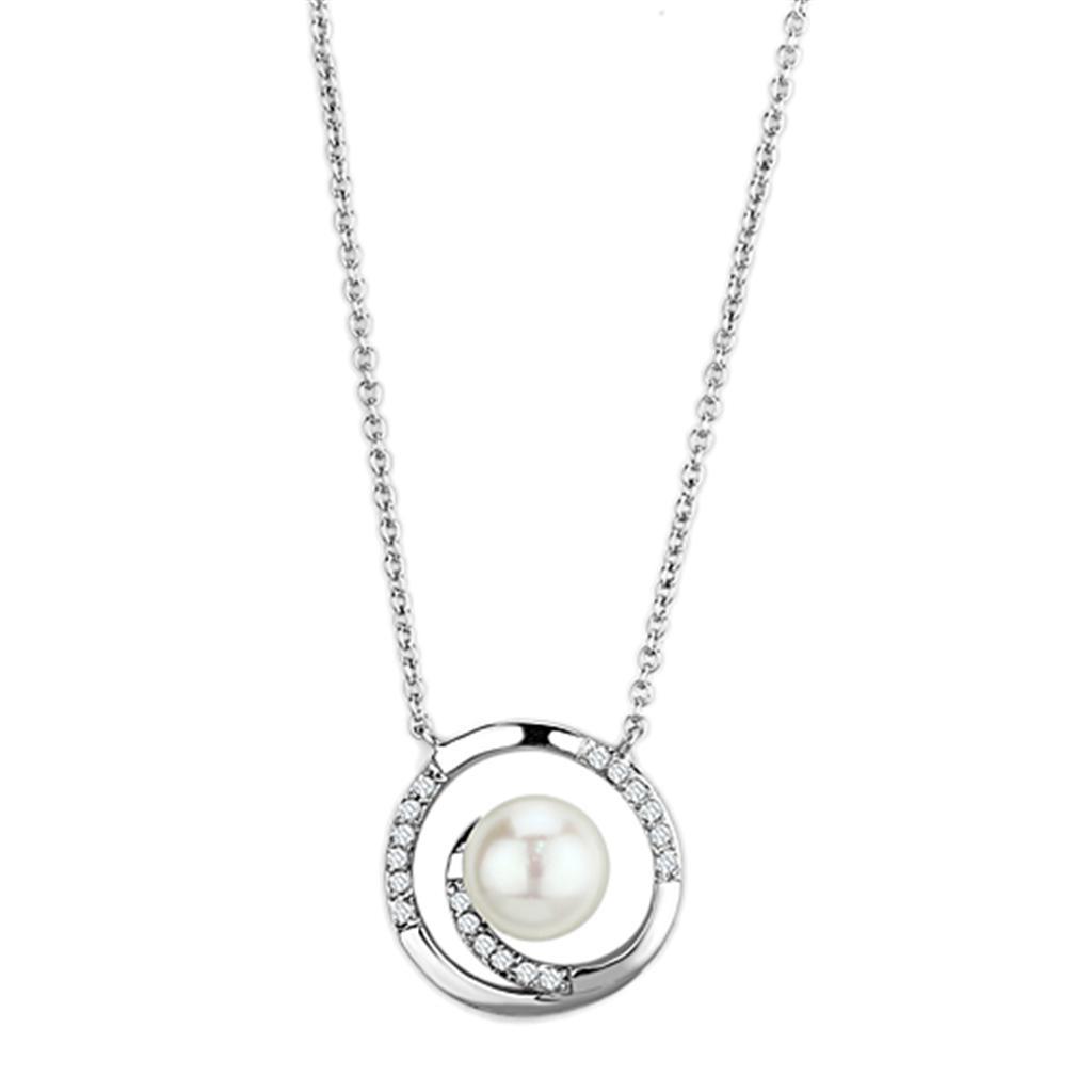 3W444 - Rhodium Brass Necklace with Synthetic Pearl in White-0