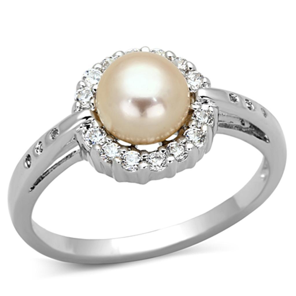 3W487 - Rhodium Brass Ring with Synthetic Pearl in White-0