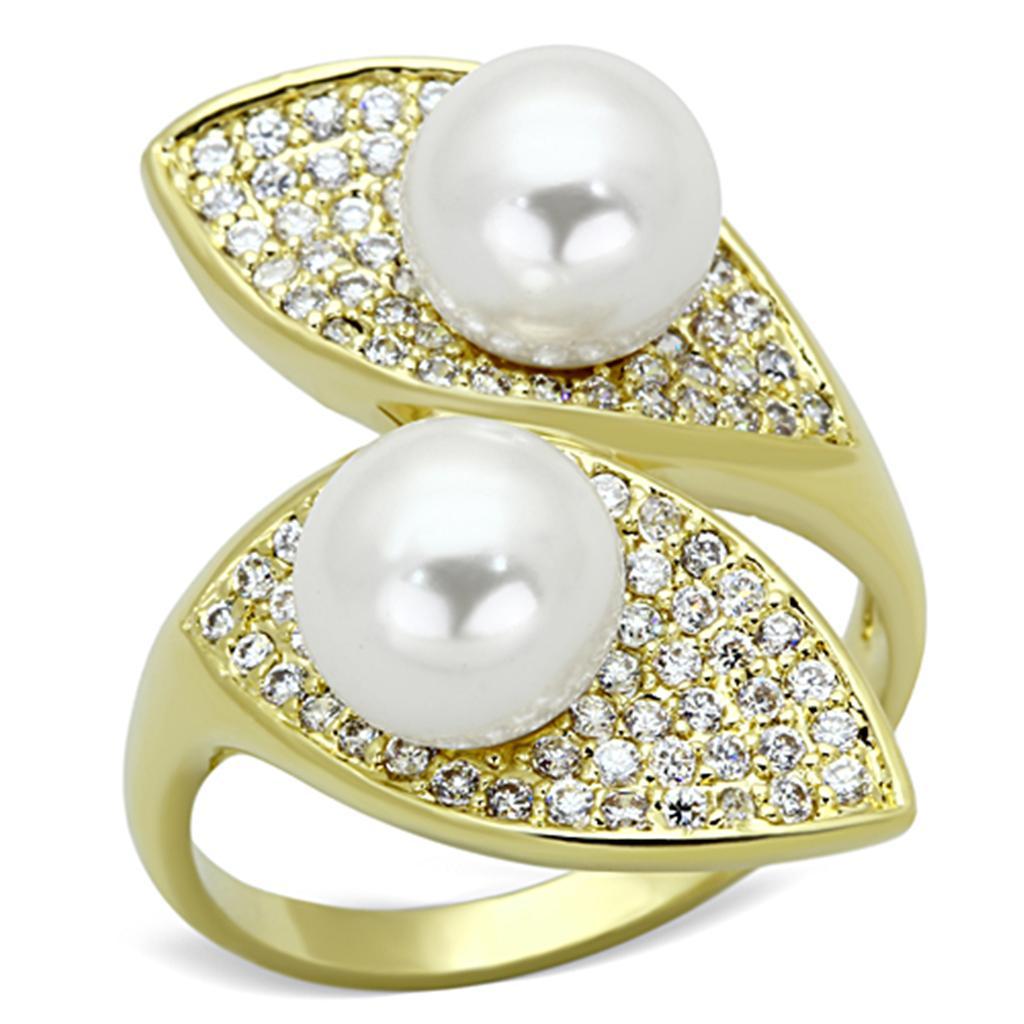 3W522 - Gold Brass Ring with Synthetic Pearl in White-0