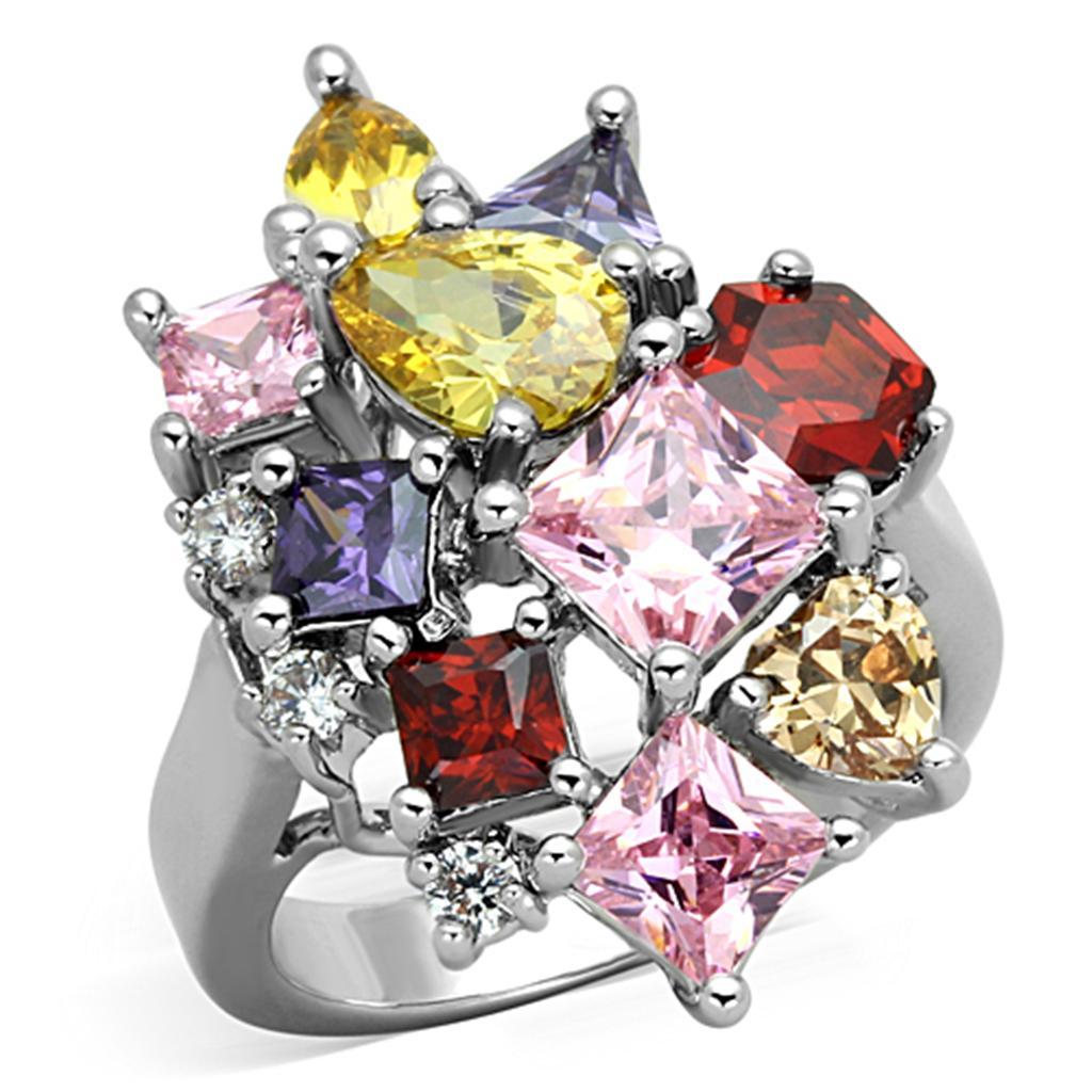 Ela Cocktail Ring - Rhodium Brass, AAA CZ , Multi Color - 3W599-0