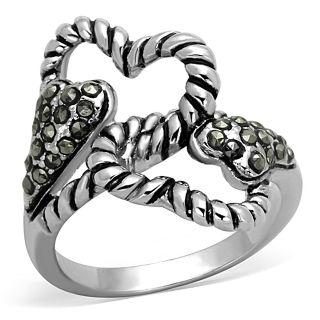 3W608 - Rhodium Brass Ring with Synthetic Marcasite in Black Diamond-0