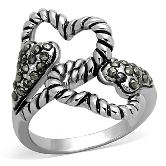 3W608 - Rhodium Brass Ring with Synthetic Marcasite in Black Diamond-0