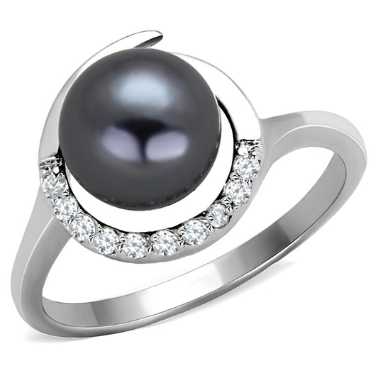 3W629 - Rhodium Brass Ring with Synthetic Pearl in Gray-0