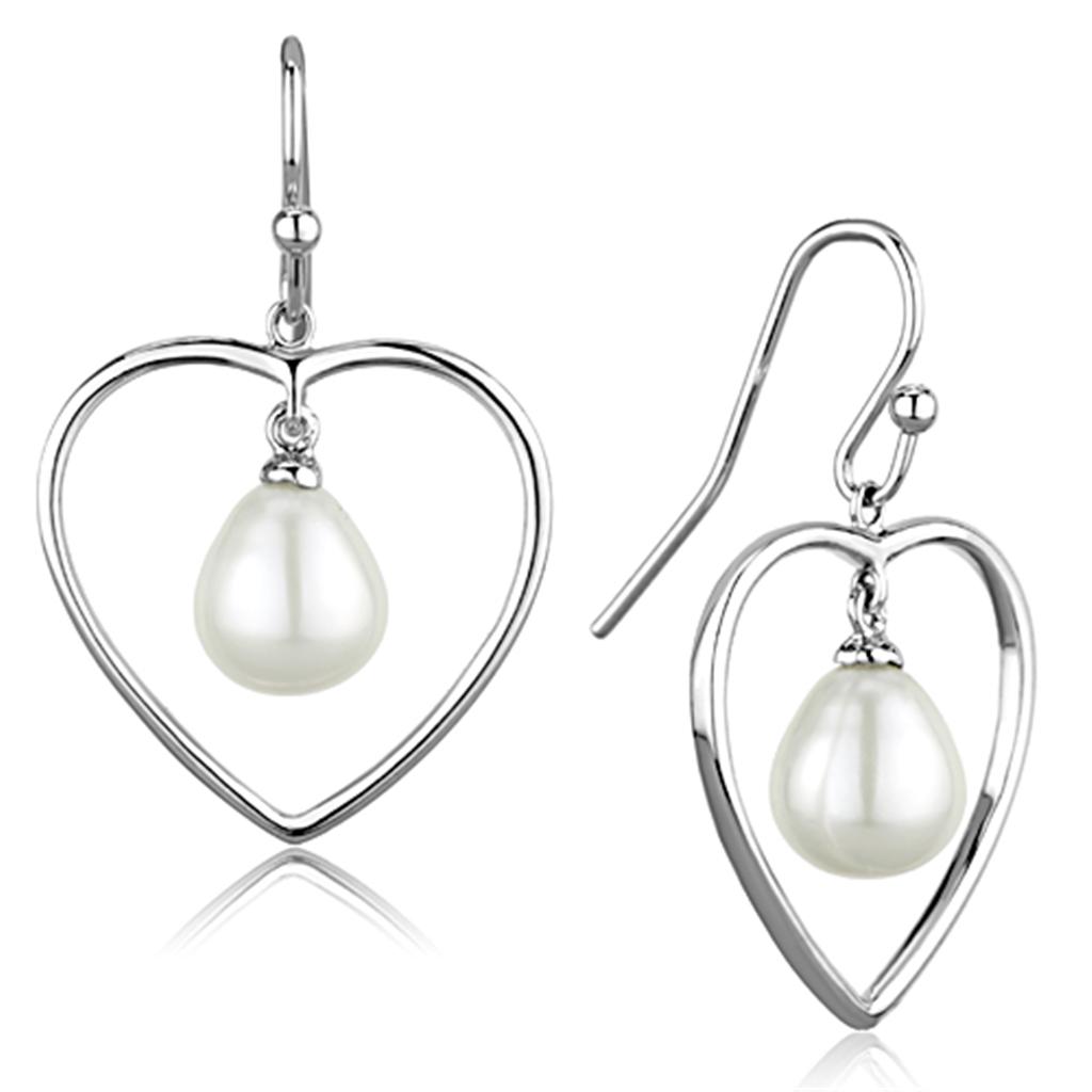 3W630 - Rhodium Brass Earrings with Semi-Precious Pearl in White-0