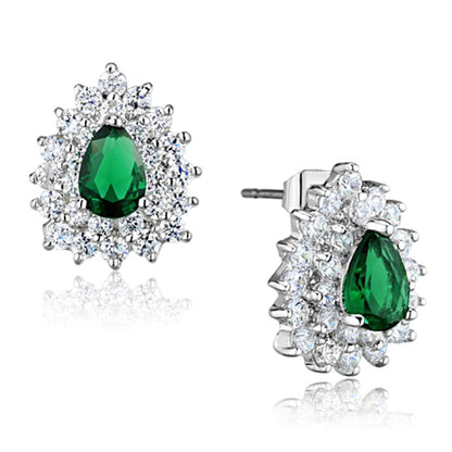 3W656 - Rhodium Brass Earrings with Synthetic Synthetic Glass in Emerald-0
