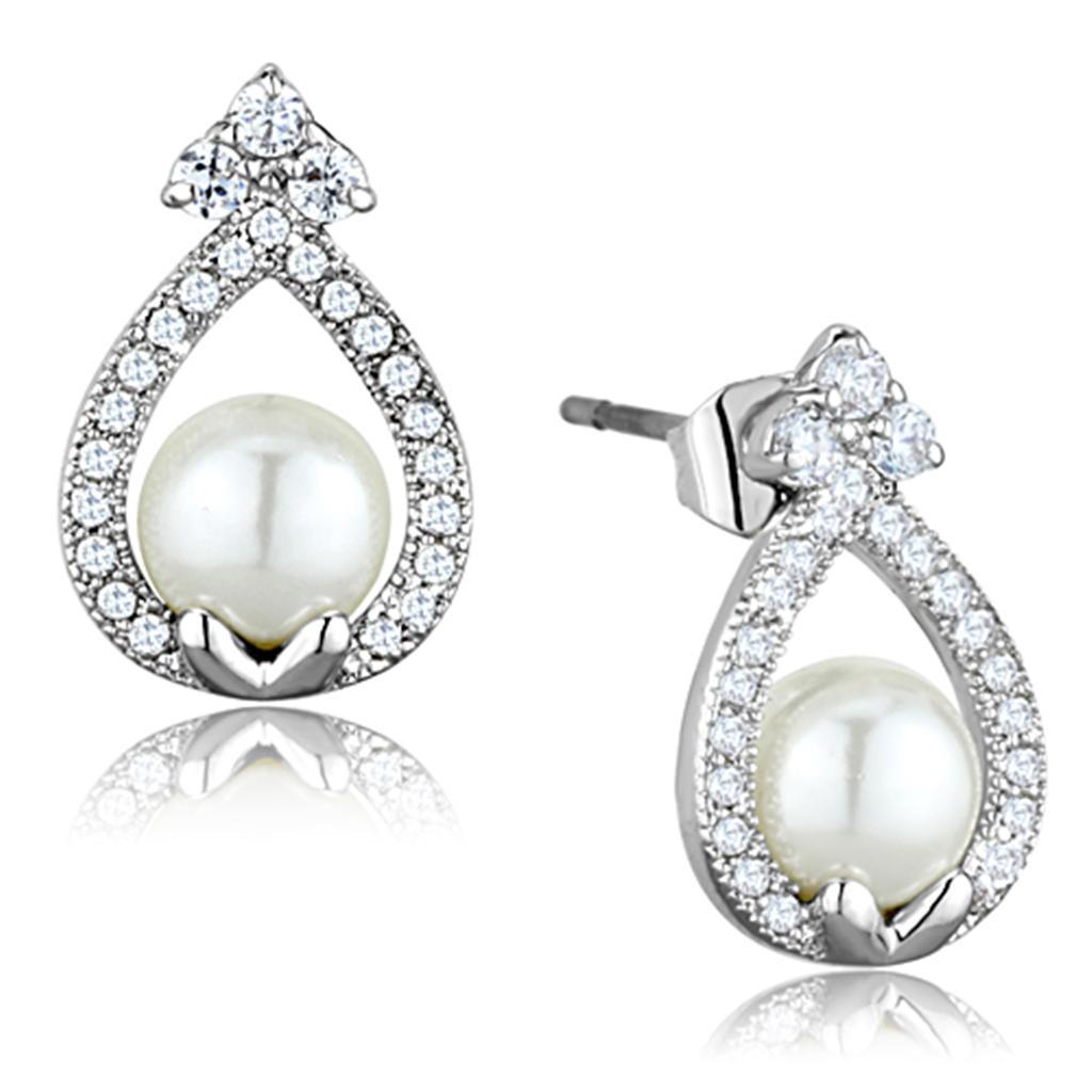 3W665 - Rhodium Brass Earrings with Synthetic Pearl in White-0