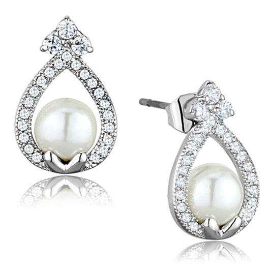 3W665 - Rhodium Brass Earrings with Synthetic Pearl in White-0