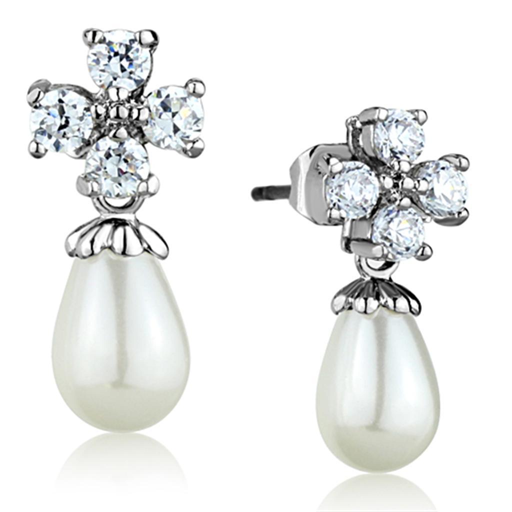 3W672 - Rhodium Brass Earrings with Synthetic Pearl in White-0
