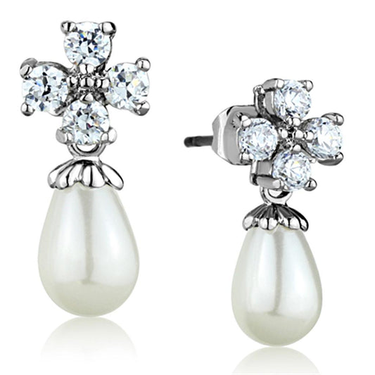 3W672 - Rhodium Brass Earrings with Synthetic Pearl in White-0