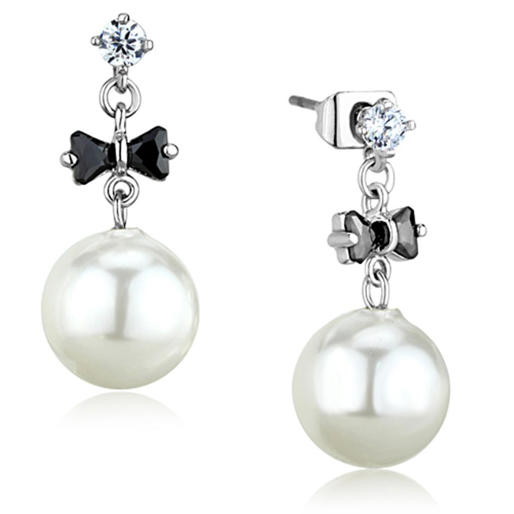 3W676 - Rhodium Brass Earrings with Synthetic Pearl in White-0