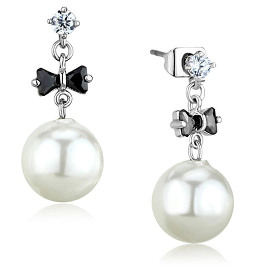 3W676 - Rhodium Brass Earrings with Synthetic Pearl in White-0