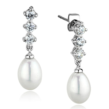 3W679 - Rhodium Brass Earrings with Semi-Precious Pearl in White-0
