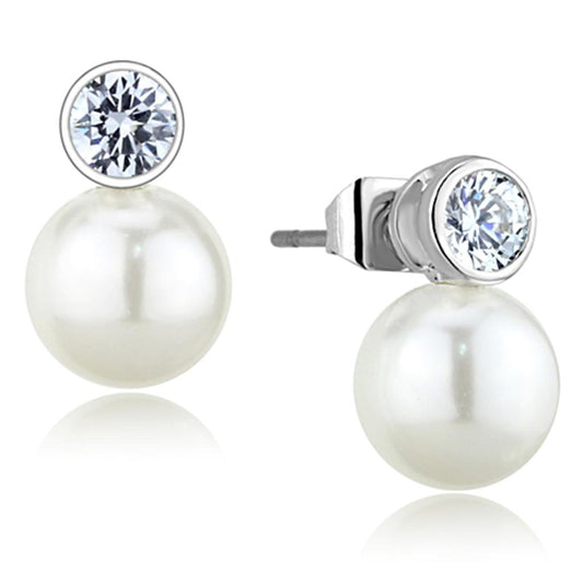 3W681 - Rhodium Brass Earrings with Synthetic Pearl in White-0