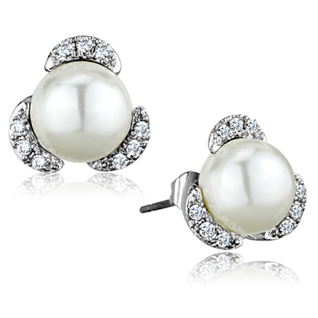 3W686 - Rhodium Brass Earrings with Synthetic Pearl in White-0