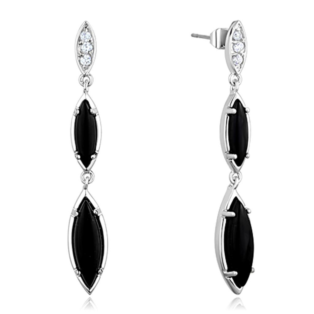 3W702 - Rhodium Brass Earrings with Synthetic Onyx in Jet-0