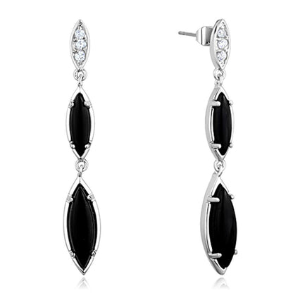 3W702 - Rhodium Brass Earrings with Synthetic Onyx in Jet-0