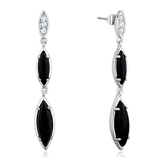 3W702 - Rhodium Brass Earrings with Synthetic Onyx in Jet-0