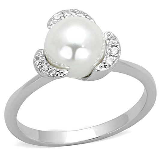 3W721 - Rhodium Brass Ring with Synthetic Pearl in White-0