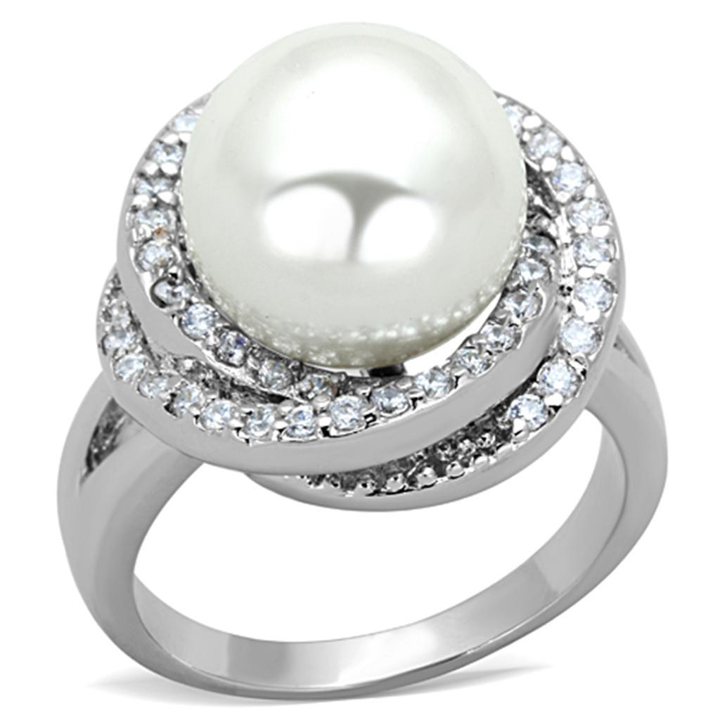 3W759 - Rhodium Brass Ring with Synthetic Pearl in White-0
