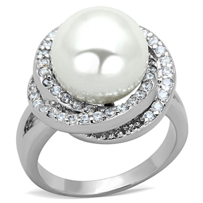 3W759 - Rhodium Brass Ring with Synthetic Pearl in White-0