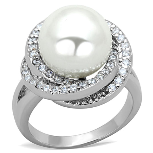 3W759 - Rhodium Brass Ring with Synthetic Pearl in White-0