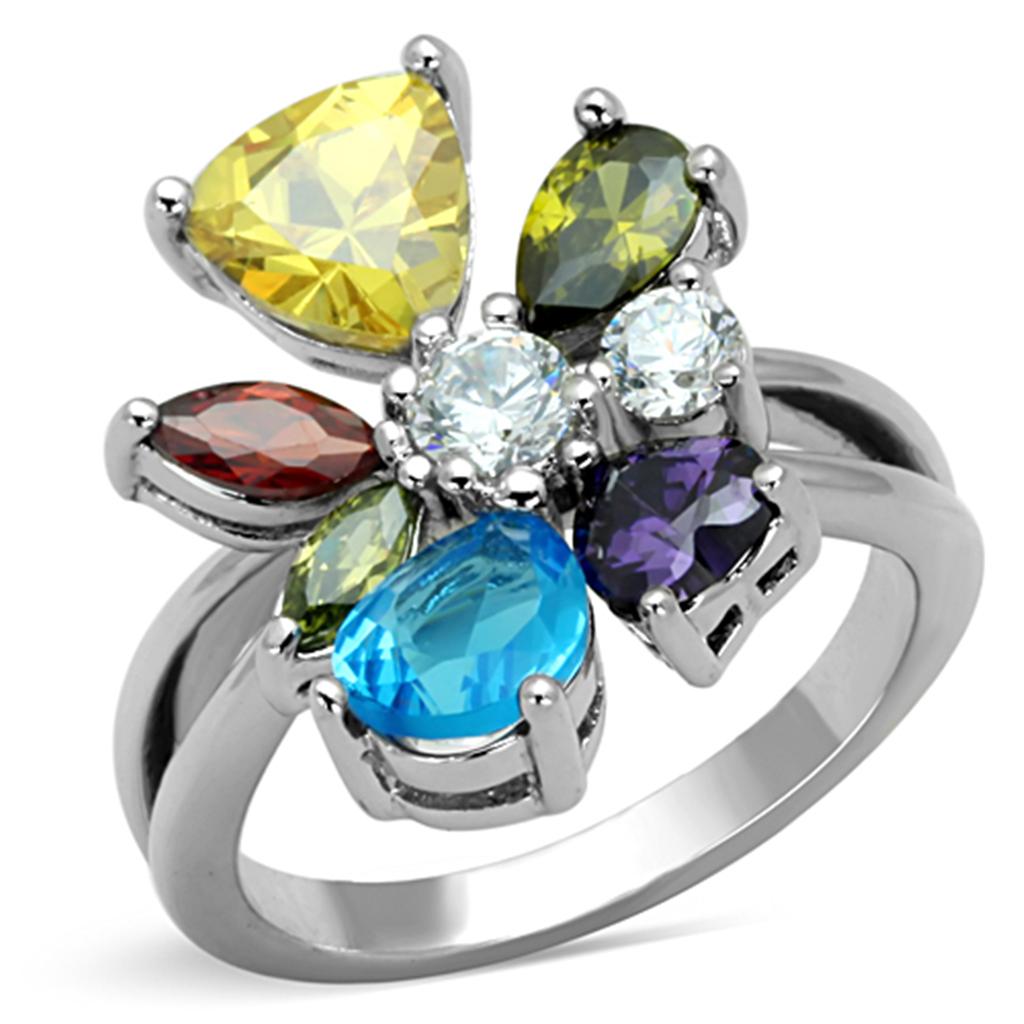 Jaime Cocktail Ring - Rhodium Brass, AAA CZ , Multi Color - 3W789-0