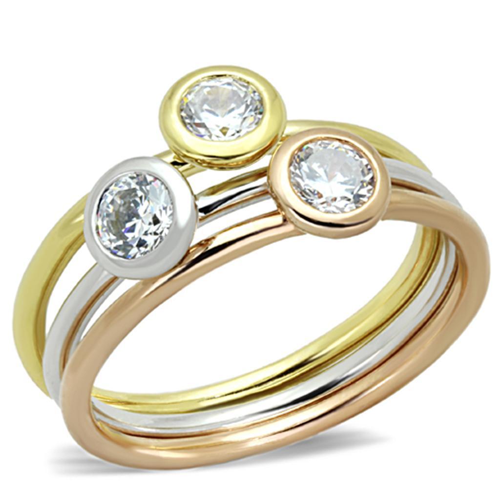 3W804 - Rhodium + Gold + Rose Gold Brass Ring with AAA Grade CZ  in Clear-0