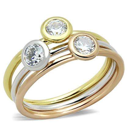 3W804 - Rhodium + Gold + Rose Gold Brass Ring with AAA Grade CZ  in Clear-0