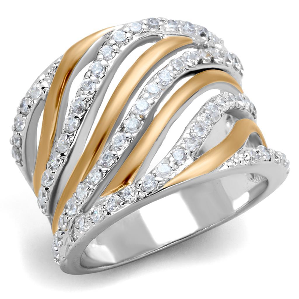3W857 - Rose Gold + Rhodium Brass Ring with AAA Grade CZ  in Clear-0