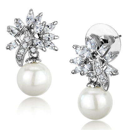 3W888 - Rhodium Brass Earrings with Synthetic Pearl in White-0