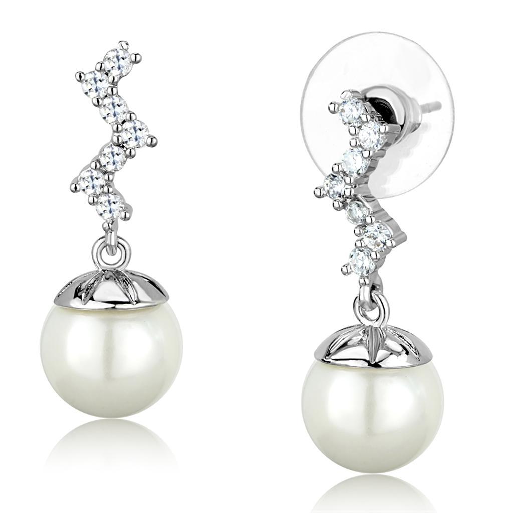 3W894 - Rhodium Brass Earrings with Synthetic Pearl in White-0