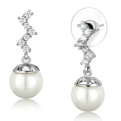 3W894 - Rhodium Brass Earrings with Synthetic Pearl in White-0
