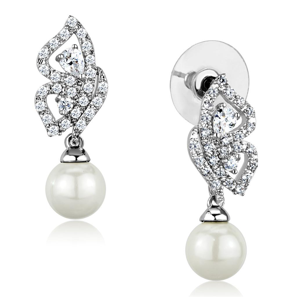 3W902 - Rhodium Brass Earrings with Synthetic Pearl in White-0