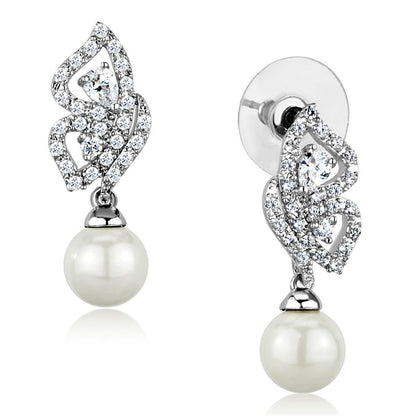 3W902 - Rhodium Brass Earrings with Synthetic Pearl in White-0