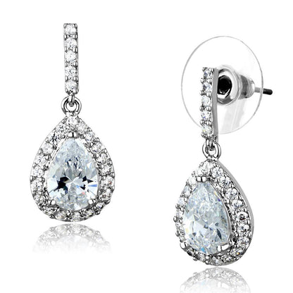 3W903 - Rhodium Brass Earrings with AAA Grade CZ  in Clear-0