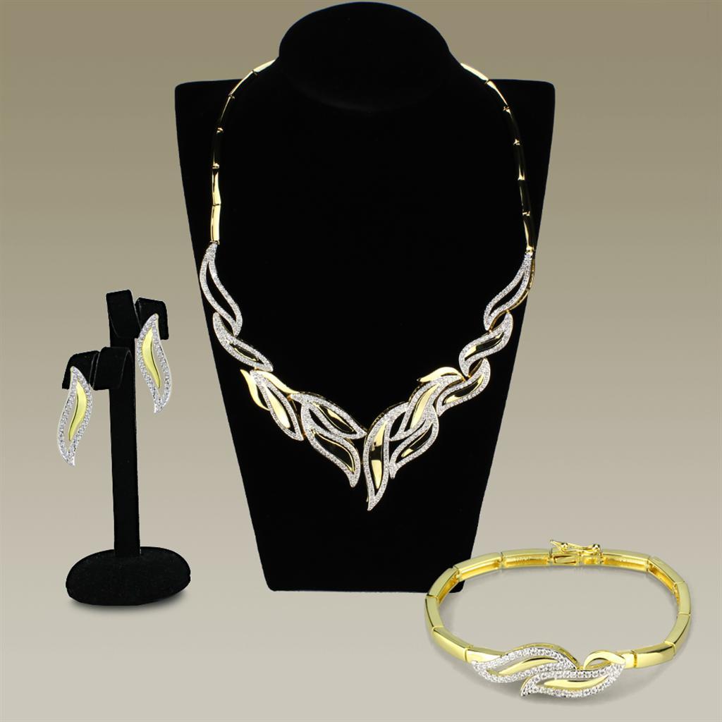 3W941 - Gold+Rhodium Brass Jewelry Sets with AAA Grade CZ  in Clear-0