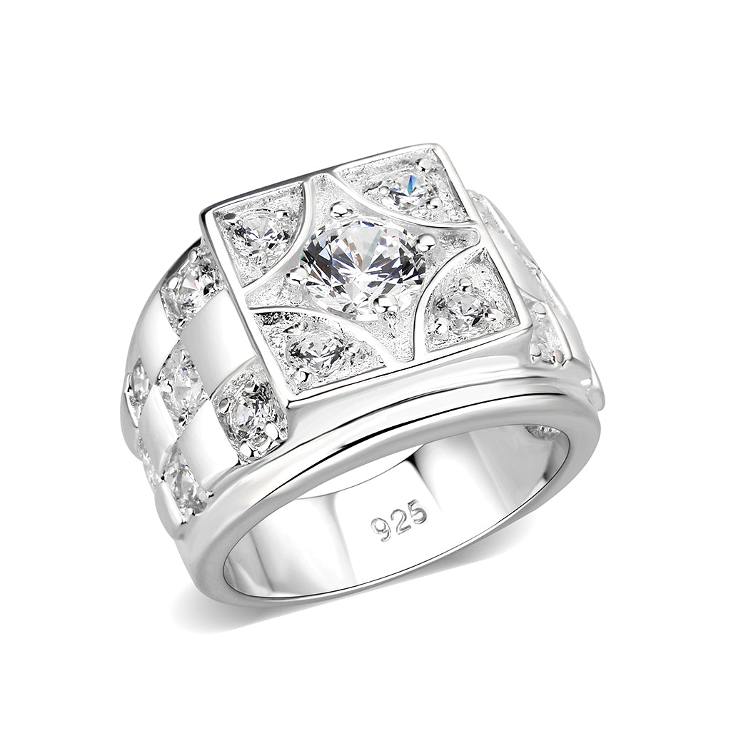 LO5M026-Rhodium Plated  Brass Ring with Clear CZ-0