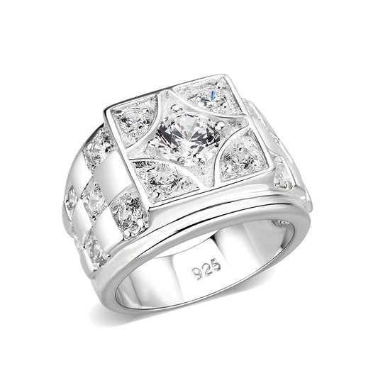 LO5M026-Rhodium Plated  Brass Ring with Clear CZ-0