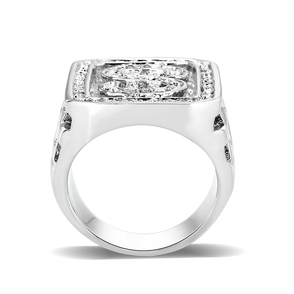 LO5M034-Rhodium Plated  Brass Ring with  Synthetic Glass Clear-2