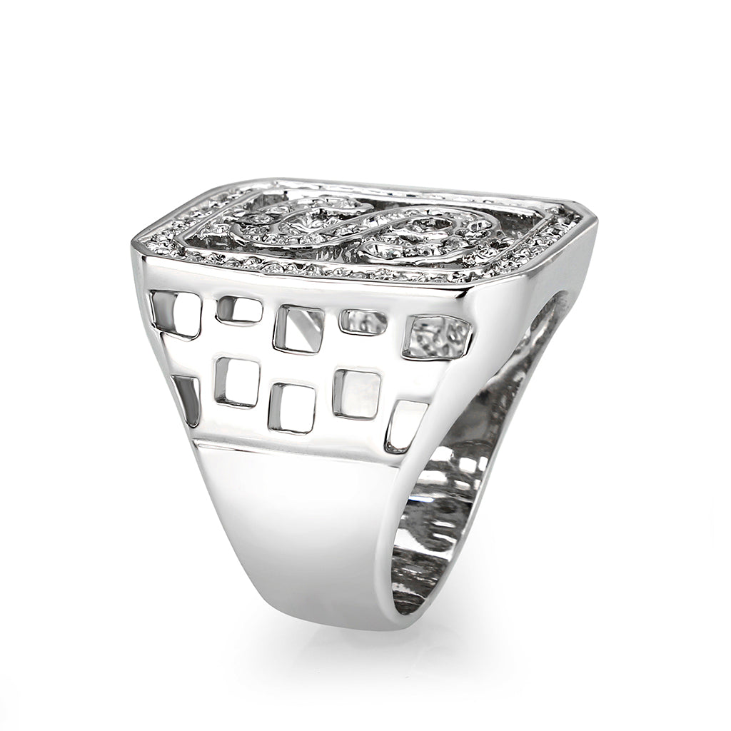 LO5M034-Rhodium Plated  Brass Ring with  Synthetic Glass Clear-3