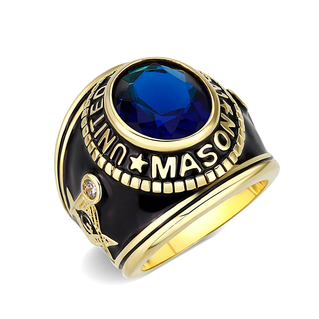 LO5M066 - IP Gold(Ion Plating) Brass Ring with Synthetic Glass In Dark Blue Color-0