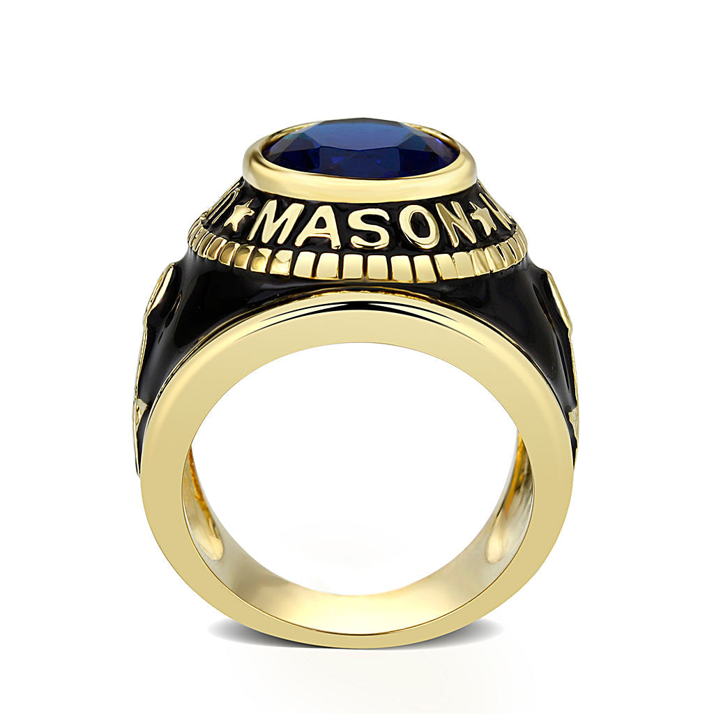 LO5M066 - IP Gold(Ion Plating) Brass Ring with Synthetic Glass In Dark Blue Color-2