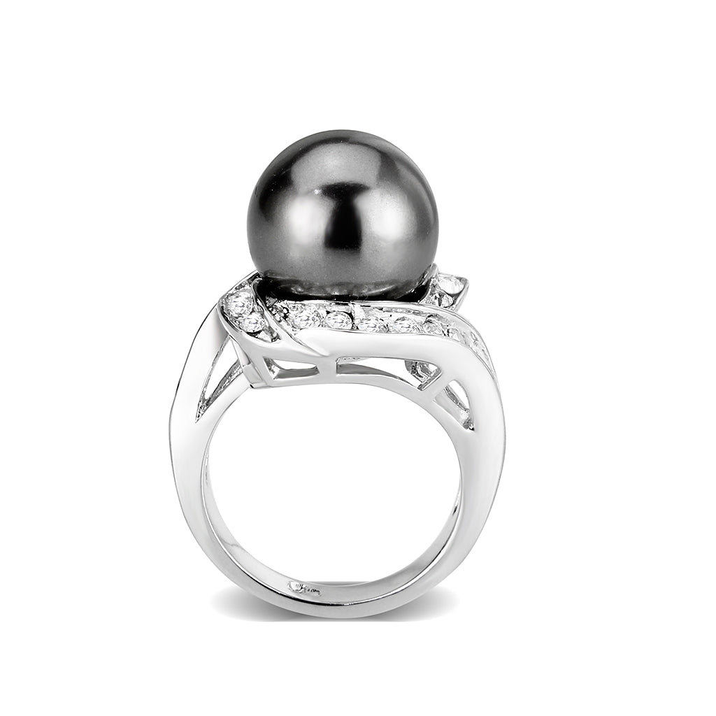 LO5W003 - Rhodium Brass Ring with Pearl In Black-2