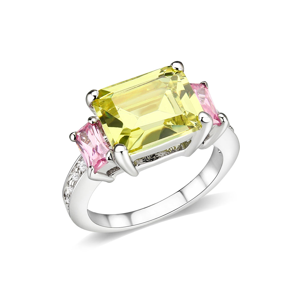 LO5W004- Rhodium Brass Ring with CZ In Apple Green-0