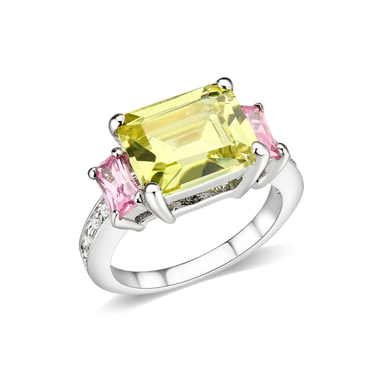LO5W004- Rhodium Brass Ring with CZ In Apple Green-0