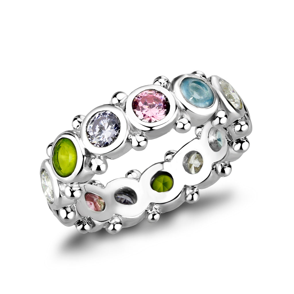 LO5S077- Sterling Silver Ring with CZ In Multi-Color High Polished( NO Plating)-0